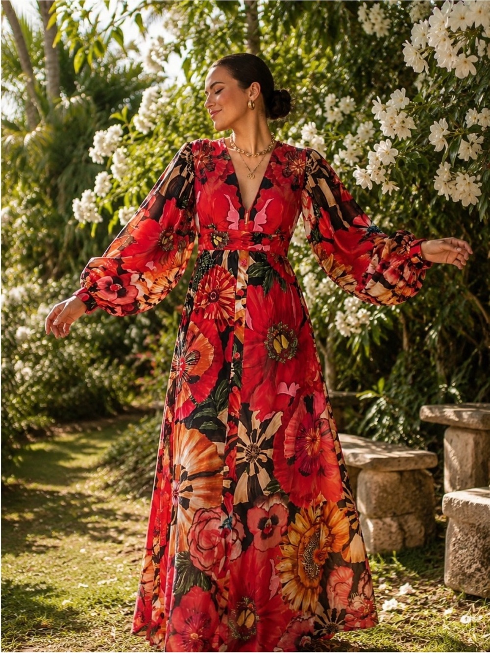 New FARM Rio Anthropologie Flowershop Puff Sleeve Maxi Dress